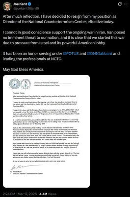 Le tweet de Joe Kent annonçant sa démission.