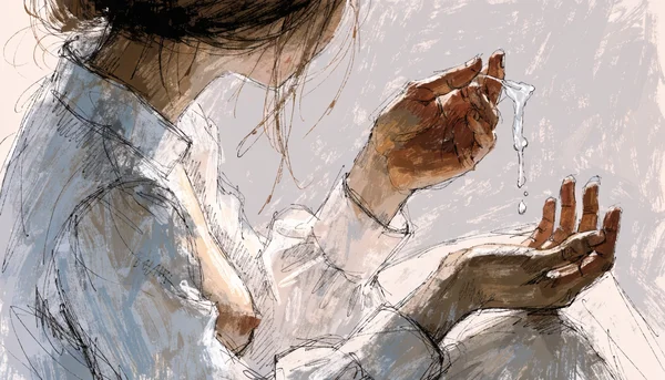 Perte vaginale blanche translucide, filante et étirée entre le pouce et l'index, texture collante type blanc d'œuf cru sur fond neutre