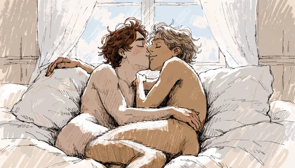 Couple d'hommes nus s'embrassant sur un lit, lumière naturelle filtrant par les rideaux