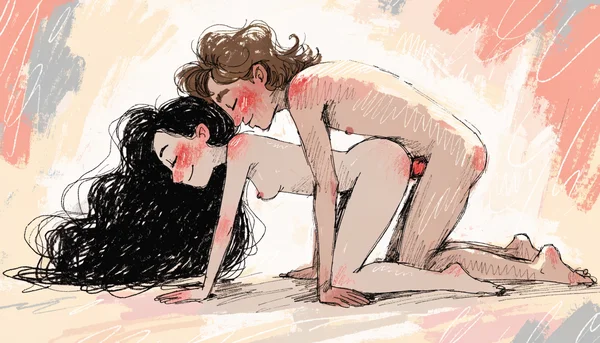 Pénétration vaginale en position de levrette allongée, femme à quatre pattes, homme derrière elle, corps penchés en avant et jambes de la femme serrées pour augmenter la friction