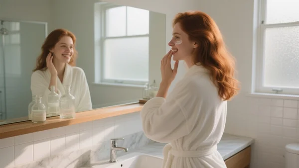Jeune femme au teint frais et lumineux dans une salle de bain lumineuse, appliquant une crème hydratante sur ses joues avec un sourire radieux