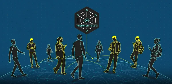 Silhouettes sur un globe numérique avec le logo 'Predator Files'.