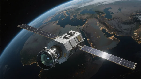 Vue en contre-plongée d'un satellite militaire orbitant au-dessus de la Terre, avec le Moyen-Orient visible en arrière-plan sombre et des lentilles optiques brillantes au premier plan