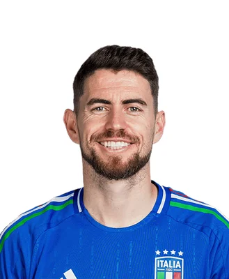 Le footballeur Jorginho portant le maillot de l'équipe d'Italie, posant face caméra.