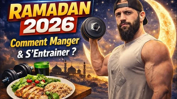 Illustration pour Ramadan 2026 montrant un homme soulevant une haltère à côté d'une assiette.