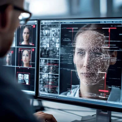 Un utilisateur devant des écrans de surveillance avec des filtres de reconnaissance faciale.