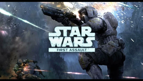 Illustration officielle de Star Wars: First Assault avec des soldats en armure lors d'une bataille futuriste.