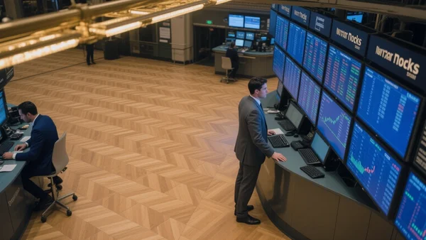 Vue aérienne du parquet de la Bourse de New York avec des traders en costume devant des écrans financiers bleus, lumière dorée