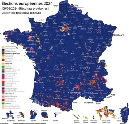 Répartition géographique des vainqueurs des élections européennes 2024 en France.