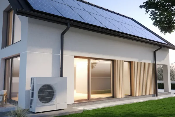 Villa moderne blanche avec panneaux photovoltaïques sur le toit et unité de climatisation dans le jardin