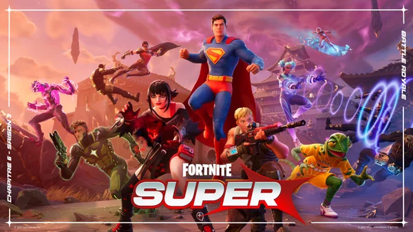 Affiche de l'événement Fortnite Super avec Superman et d'autres personnages.