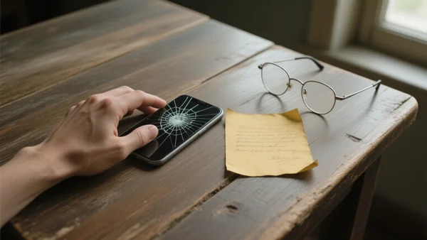 Vue en contre-plongée d'une main tenant un smartphone avec un écran fissuré, posé sur une table en bois rustique, à côté d'une vieille lettre manuscrite et une paire de lunettes, lumière naturelle douce d'une fenêtre