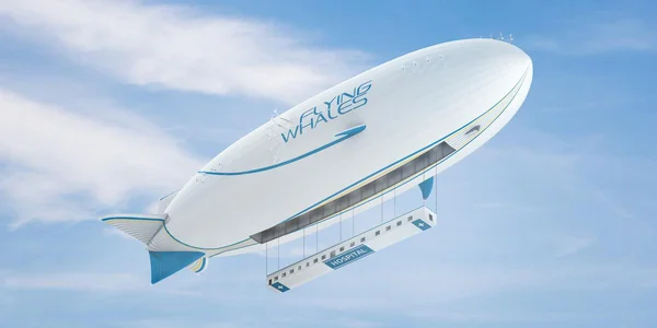 Un dirigeable Flying Whales survolant un cargo porte-conteneurs avec un paysage côtier montagneux en toile de fond.