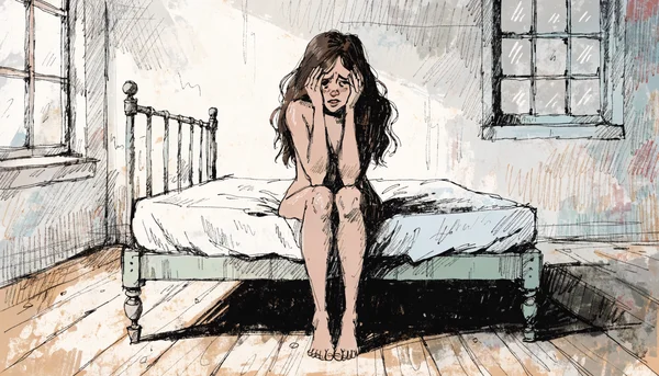 Femme nue assise seule au bord d'un lit, mains sur le visage, expression inquiète et vulnérable