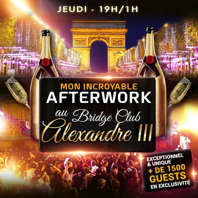 Affiche promotionnelle pour un afterwork au Bridge Club Alexandre III à Paris.