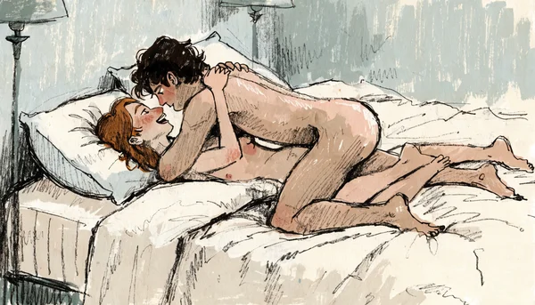 Couple de sexe mixte nus enlacés, pénétration vaginale en position missionnaire, lumières douces de chambre à coucher