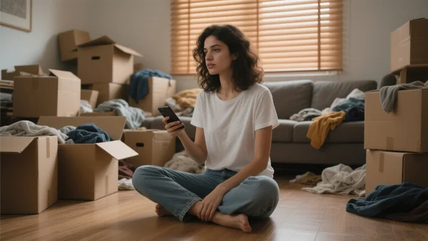 Jeune femme assise par terre dans un salon encombré, entourée de cartons de déménagement et de vêtements, tenant un téléphone à la main, regard perdu dans le vide, lumière naturelle tamisée filtrant par les volets