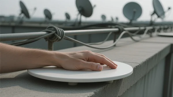 Gros plan sur une main posée un disque plat blanc installé sur un toit en terrasse par temps gris, fond flou montrant des antennes paraboliques et des câbles électriques noués