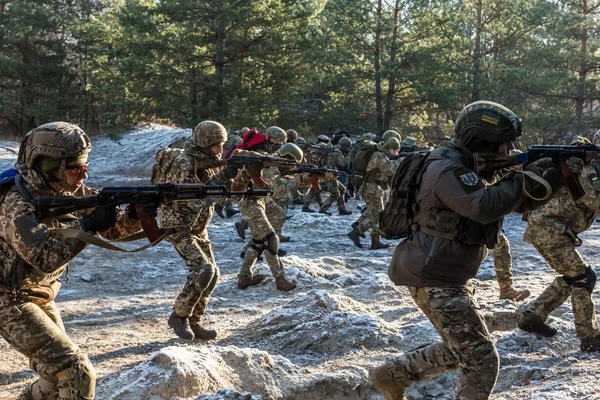 Membres d'une brigade de défense territoriale ukrainienne lors d'un exercice d'entraînement en terrain enneigé.