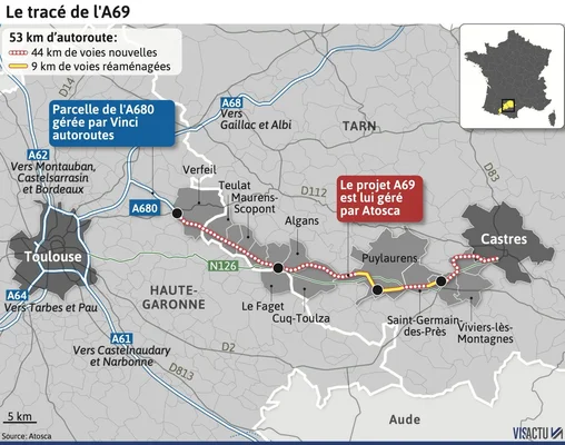 Carte du tracé du projet d'autoroute A69