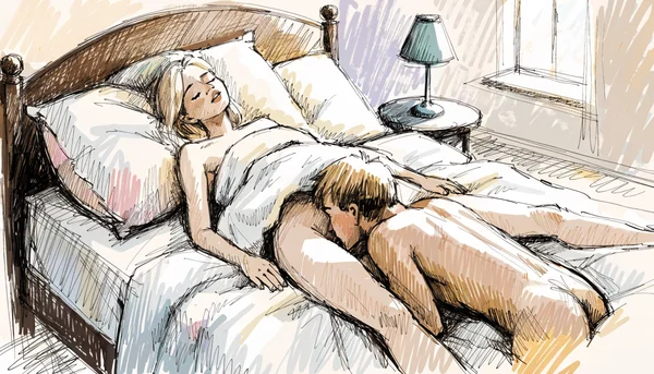 Cunnilingus, homme entre les cuisses de la femme allongée sur un lit