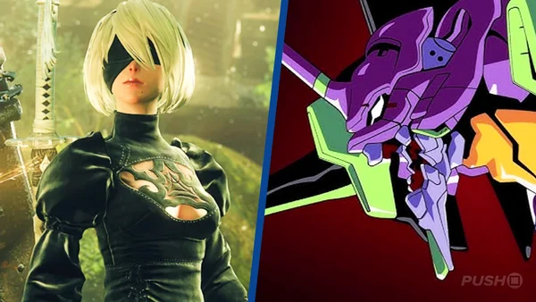 Promotion montrant un personnage de NieR: Automata à gauche et un mecha d'Evangelion à droite.