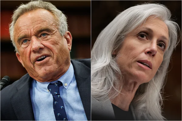 Photo côte à côte d'un homme en costume bleu et d'une femme en haut gris lors d'une réunion formelle.