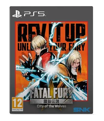 Pochette PS5 de Fatal Fury: City of the Wolves montrant deux personnages blonds avec effets d'énergie bleue.