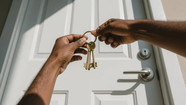 Mains d'un locataire tenant un trousseau de clés devant la porte d'un appartement, lumière naturelle en fin de journée, vue en contre-plongée