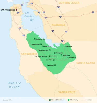 Carte administrative de la Silicon Valley, zone industrielle au sud de San Francisco, englobant les villes de San Jose et Palo Alto.
