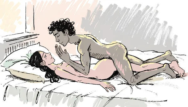 Pénétration en missionnaire, couple nu sur un lit, un des deux partenaires a le regard flou et détourné, l'autre tend la main vers le visage de l'autre sans contact établi, communication non verbale rompue