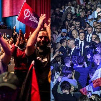 Affrontement visuel entre des supporters de La France Insoumise et une foule autour d'un homme en costume