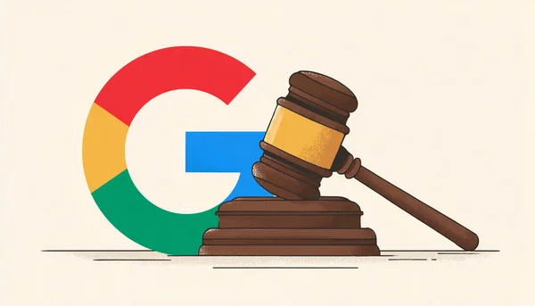 Illustration du logo Google coloré à côté d'un marteau de juge en bois sur son socle.