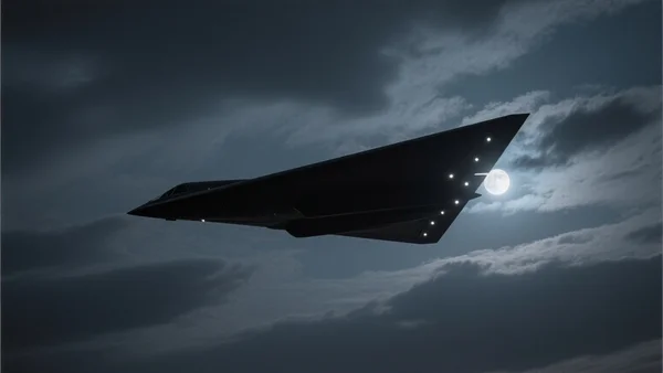 Bombardier furtif B-2 Spirit volant dans un ciel nocturne, silhouette noire et triangulaire sur fond de nuages, lumière blanche des feux de position