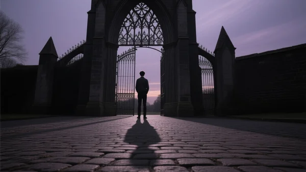 Silhouette d'un jeune homme face à une haute grille d'église gothique, une ombre inquiétante s'étire sur le sol pavé, éclairage crépusculaire entre violet et gris