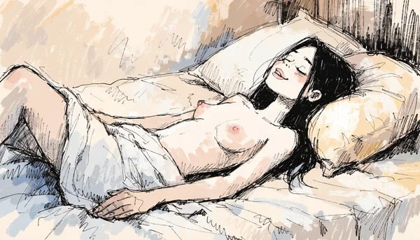 Femme seule dans son lit, les yeux fermés, mains légèrement écartées sur le drap, expression de rêverie et de plaisir intérieur