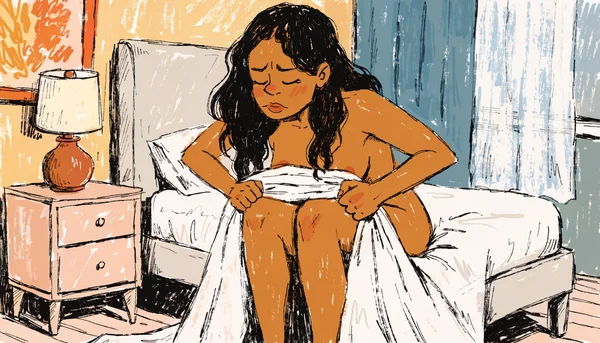 Femme assise au bord d'un lit, mains crispées sur les draps, visage contracté par la douleur, torse nu, posture voûtée traduisant l'inconfort physique persistant