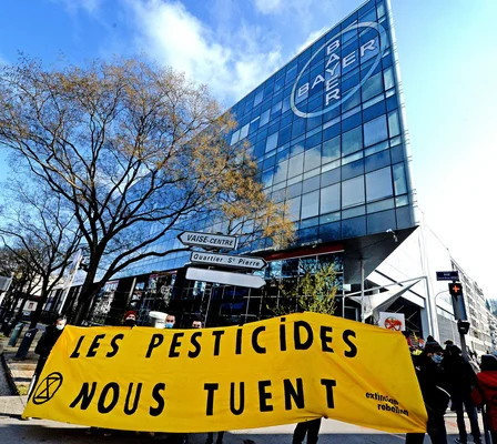 Des activistes déroulent une banderole 'Les pesticides nous tuent' devant un bâtiment Bayer.