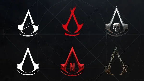 Image présentant six variations du logo Assassin's Creed disposées en grille sur fond sombre.