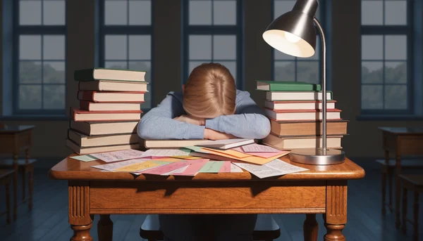 Étudiant assis à un bureau encombré de livres et de fiches de révisions, la tête posée sur les bras en signe d'épuisement, pièce sombre éclairée par une lampe de bureau