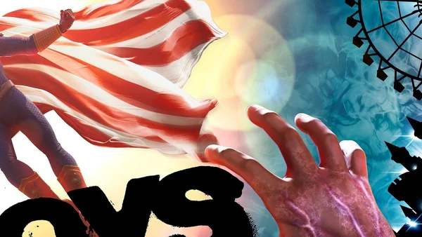 Illustration d'un super-héros violet lever le poing face à une main géante, sur fond de manège.