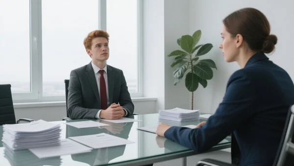 Vue en contre-plongée d'un jeune candidat en costume professionnel assis face à un recruteur dans un bureau moderne lumineux, piles de CV sur la table