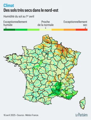 Carte de l'humidité des sols en France au 1er avril, publiée par Le Parisien.