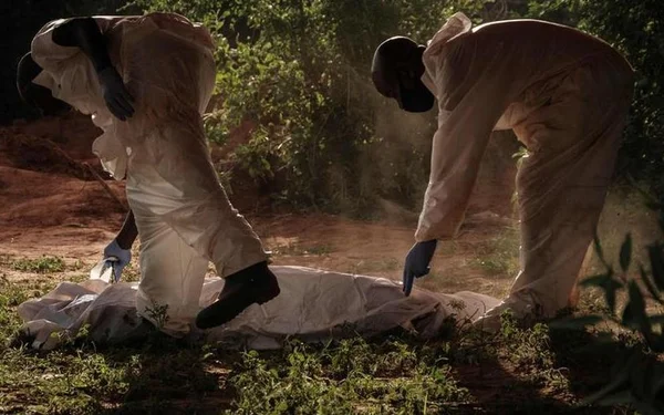Des équipes en tenues de sécurité manipulent une dépouille dans la nature.