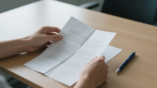 Mains tenant un contrat téléphonique plié avec un stylo posé à côté sur une table, gros plans sur les petites lignes du document, lumière douce de bureau