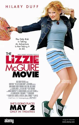 Affiche du film Lizzie McGuire mettant en vedette Hilary Duff en veste denim et tenue à rayures.