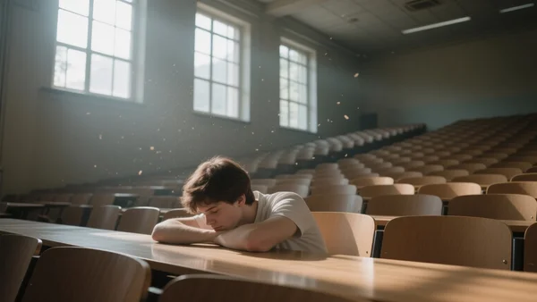 Vue en contre-plongée d'un étudiant assis seul au milieu d'un grand amphithéâtre universitaire vide, tête baissée sur une table en bois, lumière naturelle filtrant par les hautes fenêtres