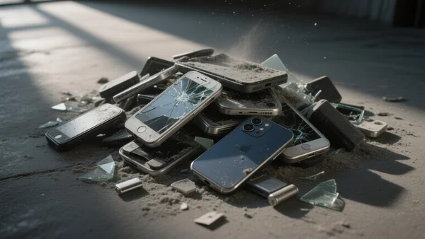 Pile d'anciens smartphones cassés et poussiéreux empilés sur un sol sombre, symbolisant le gaspillage électronique, éclairage naturel venant de gauche