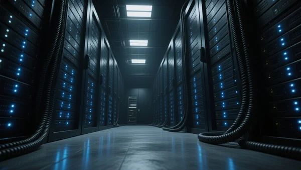 Vue en contre-plongée d'une tour de serveurs informatiques dans une salle de serveurs sombre, lumières bleues clignotantes, ambiance cybernétique