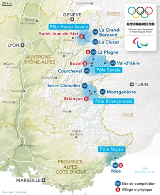 Carte officielle des sites des Jeux Olympiques Alpes 2030.